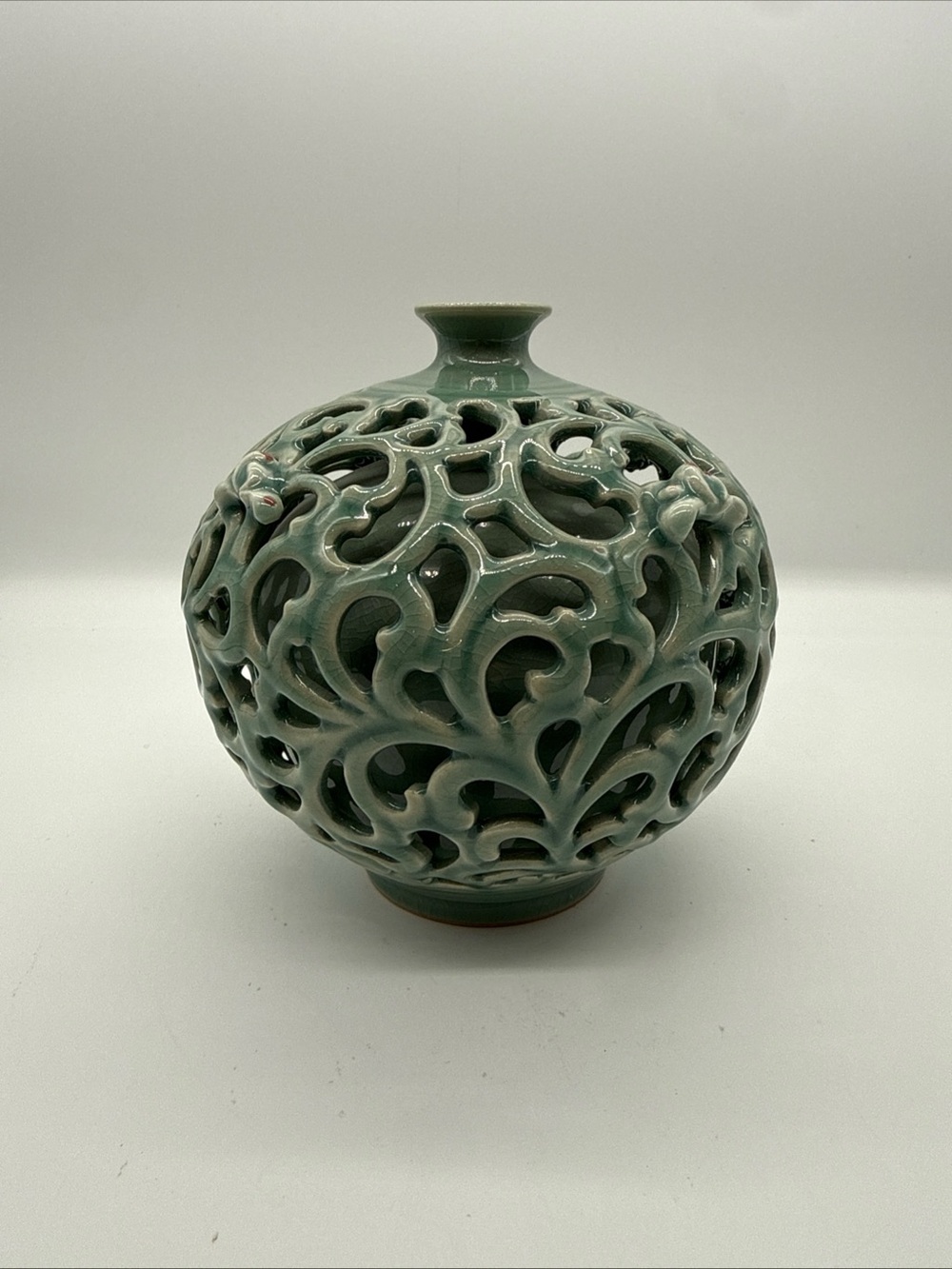 Celadon Leaf Jade Green Vase Double-Layered Openwork Design Vintage Signed